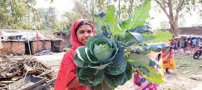 Woman holding a cabbage she grew herself in the sack garden project